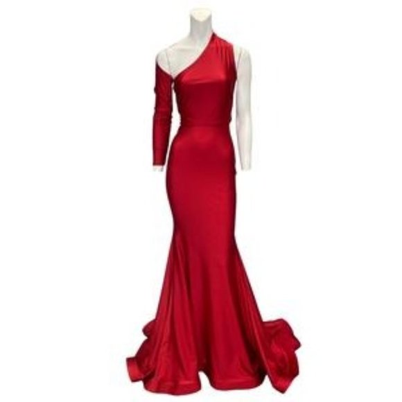Issue New York One Shoulder Long Sleeve Mermaid Gown Red...